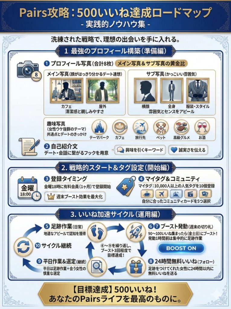 Pairsの500いいね達成ロードマップを解説したインフォグラフィック